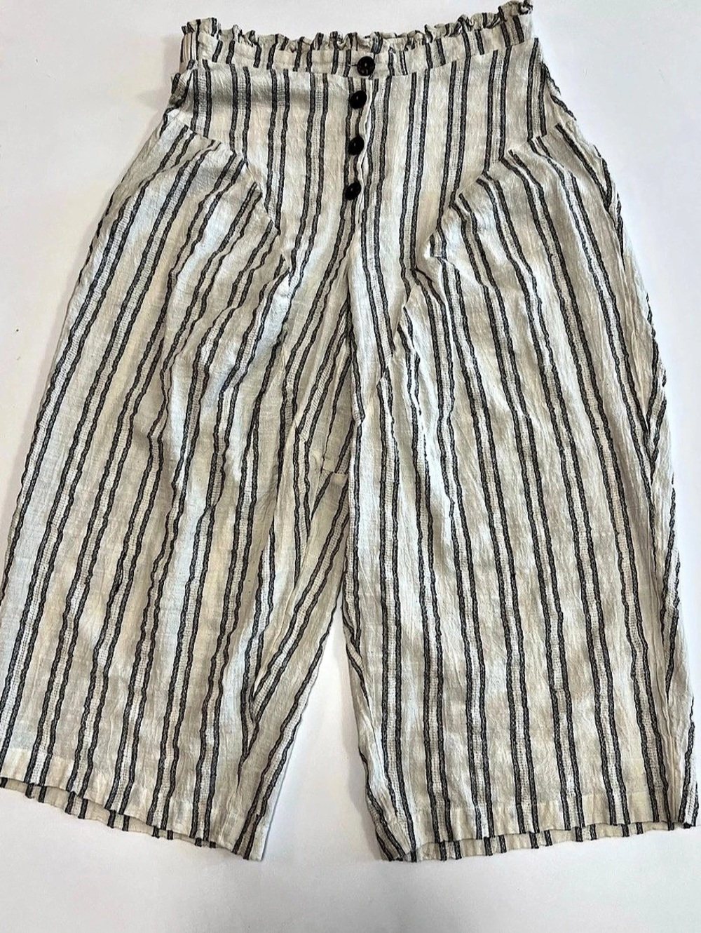 Free People Sun Dazed Cotton-Linen Striped Pants Cream & Black Medium
